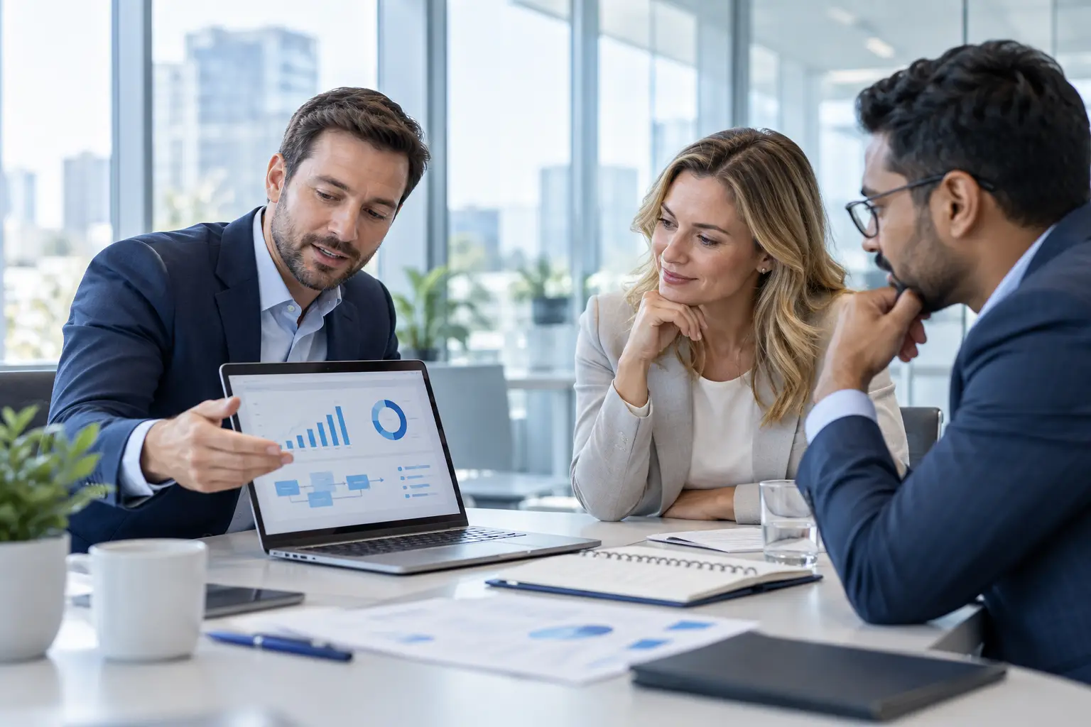 Three professionals discussing business application dashboards together in a bright office.
